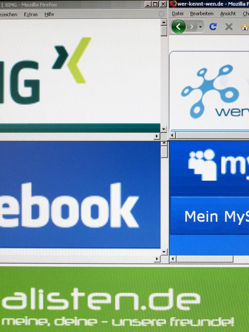 Auf einem Computermonitor sind die Logos der sozialen Internet-Netzwerke Xing, Wer-kennt-wen, Facebook, MySpace und Lokalisten zu sehen.