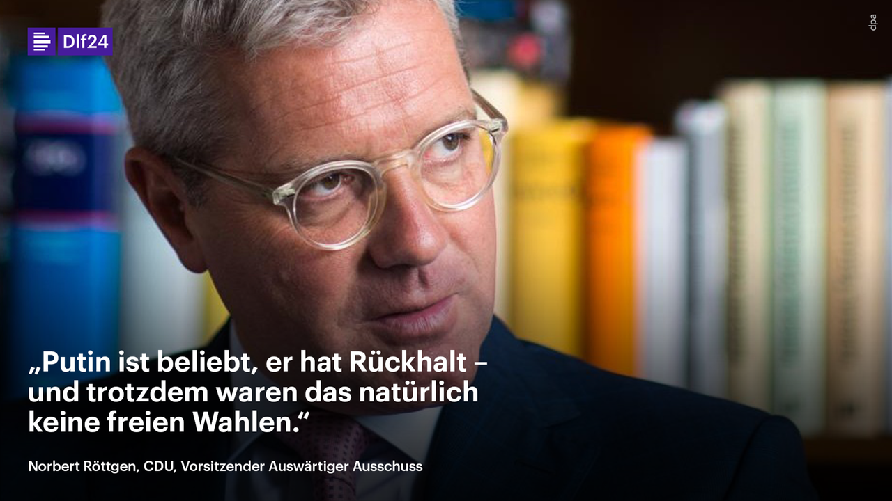 Portrait von Norbert Röttgen, dazu das Zitat: "Putin ist beliebt, er hat Rückhalt - und trotzdem waren das natürlich keine freien Wahlen." Portrait von Norbert Röttgen, dazu das Zitat: "Putin ist beliebt, er hat Rückhalt - und trotzdem waren das natürlich keine freien Wahlen."