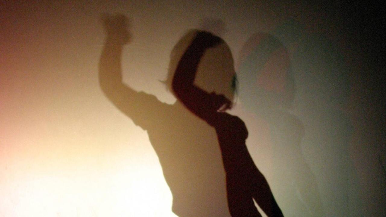 Eine Frau Tanz hinter einem Vorhang, durch den verschiedene Schatten entstehen.
