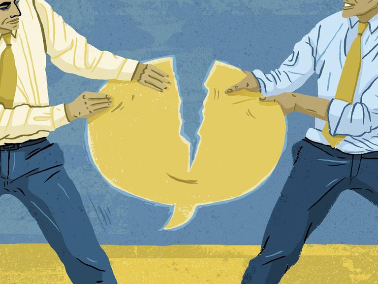 Illustration: Zwei Geschäftsmänner zerreißen eine Sprechblase
