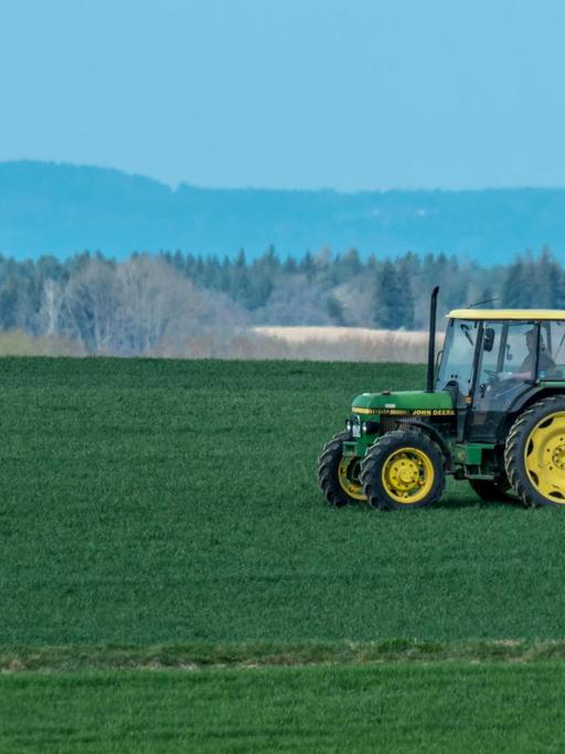 Mit einem Traktor wird nahe Sallach im Landkreis Straubing-Bogen (Bayern) Pflanzenschutzmittel auf ein Feld gespritzt.
