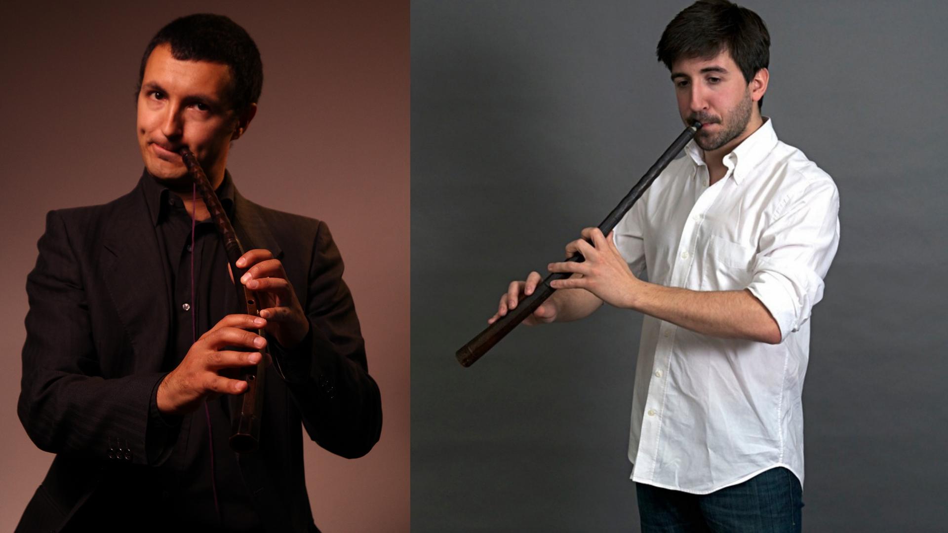 das Bild ist zweigeteilt, auf der linken und auf der rechten Seite sind Bläser dargestellt, die auf einem leicht gebogenen dunklen Holzblasinstrument spielen. Der linke Musiker trägt ein dunkles Jacket, der Musiker auf der rechten Seite ein weißes Hemd und Bart. Beide haben dunkle kurze Haare. das Bild ist zweigeteilt, auf der linken und auf der rechten Seite sind Bläser dargestellt, die auf einem leicht gebogenen dunklen Holzblasinstrument spielen. Der linke Musiker trägt ein dunkles Jacket, der Musiker auf der rechten Seite ein weißes Hemd und Bart. Beide haben dunkle kurze Haare.