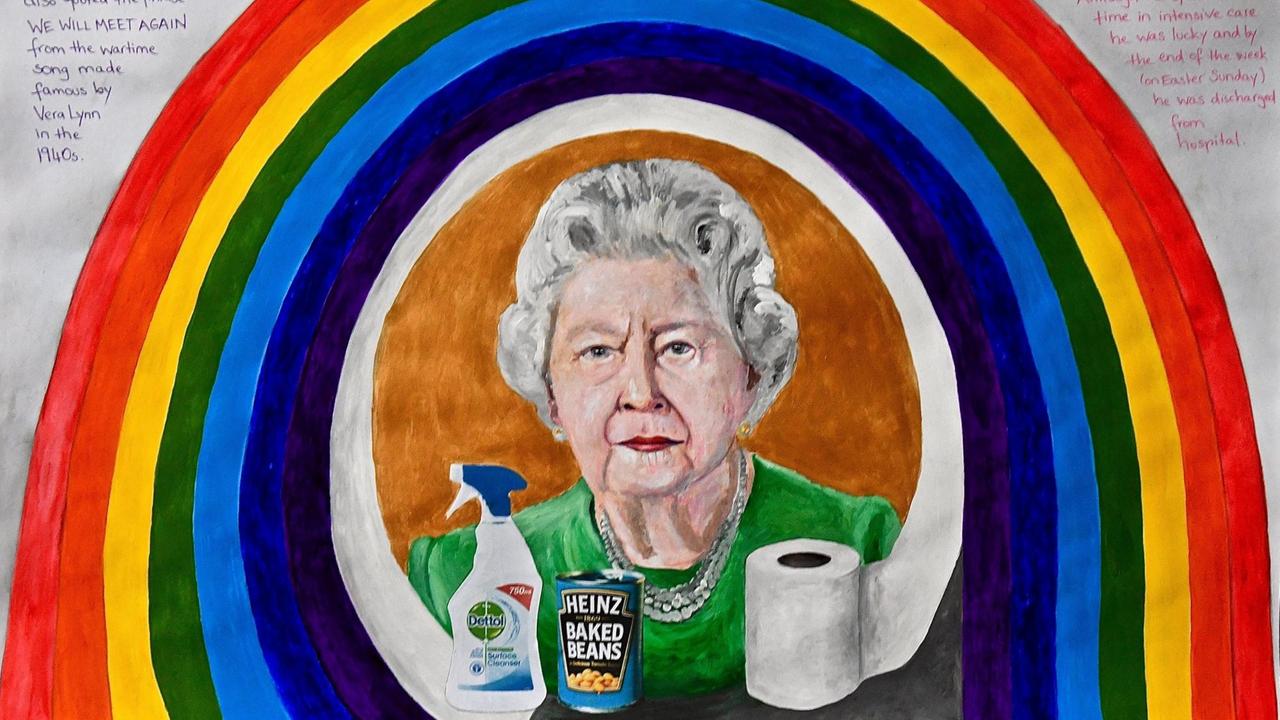 Kunstwerk mit gemaltem Regenbogen, unter dem das Konterfei der Queen zu sehen ist. Abgerundet wird die Ansicht mit Reinigungsmittel und Klopapier.