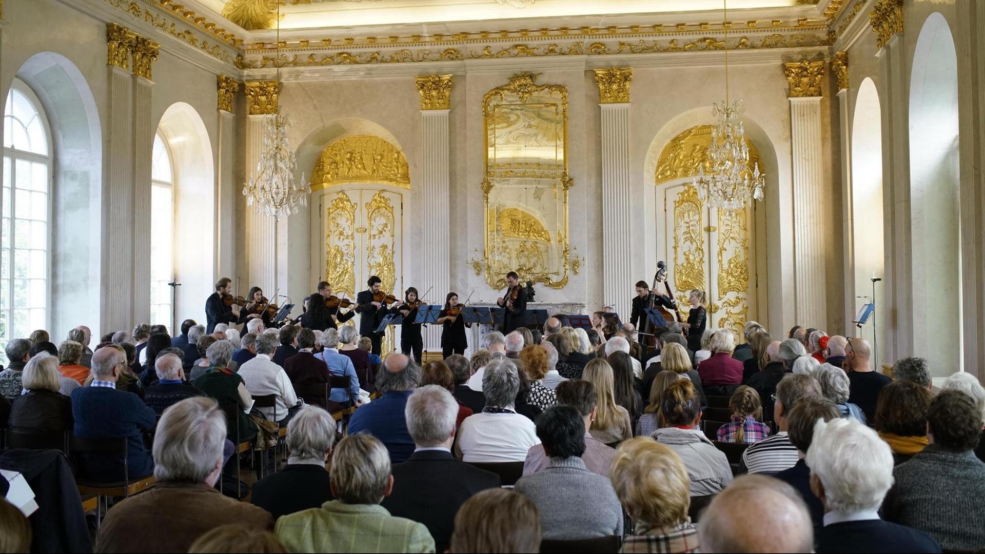 Historischer Saal in der Berliner Staatsoper, in dem Musiker vor Publikum musizieren Historischer Saal in der Berliner Staatsoper, in dem Musiker vor Publikum musizieren