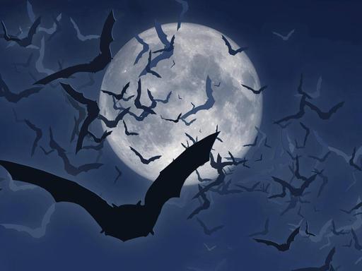 Ein Schwarm Fledermäuse fliegt über den nächtlichen Himmel, im Hintergrund leuchtet der Vollmond.