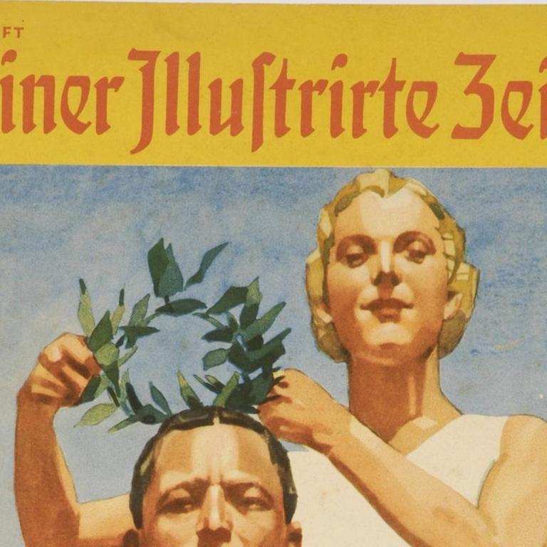 Ein Titelblatt der "Berliner Illustrirte Zeitung" zu den Olympischen Spielen 1936. Auf dem Titelblatt ist eine Zeichnung zu sehen: eine Frau setzt einem Mann einen Kranz auf.