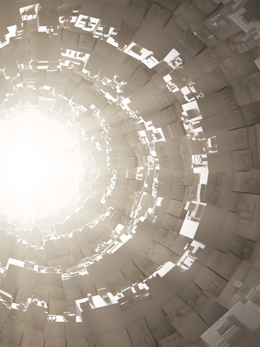 Futuristischer Tunnel - am Ende scheint Licht durch eine Öffnung. Es ist eine Computergrafik.