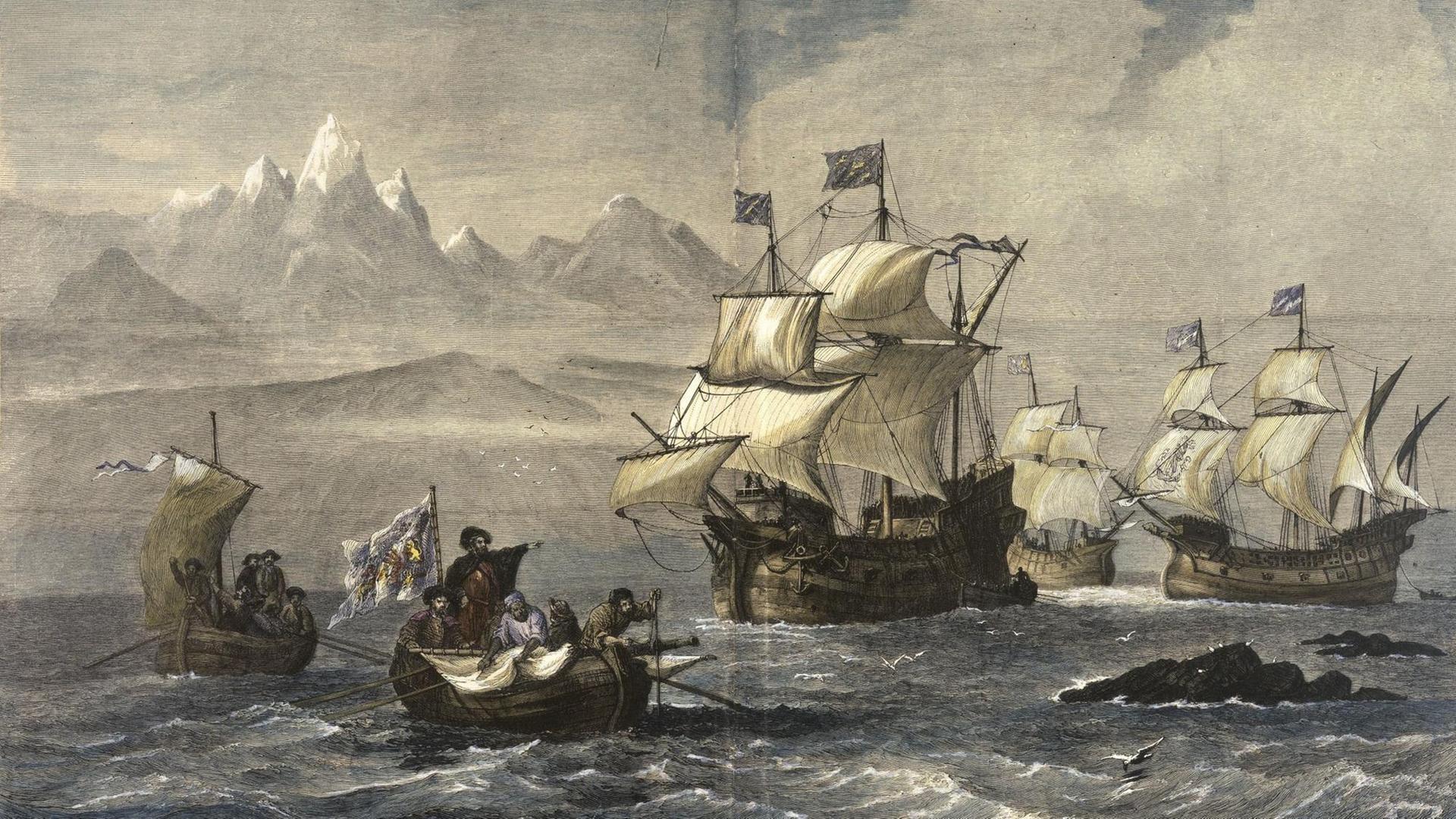"Die Entdeckung der Magellan-Strasse im Jahre 1520, Holzstich, um 1880, koloriert "Die Entdeckung der Magellan-Strasse im Jahre 1520, Holzstich, um 1880, koloriert