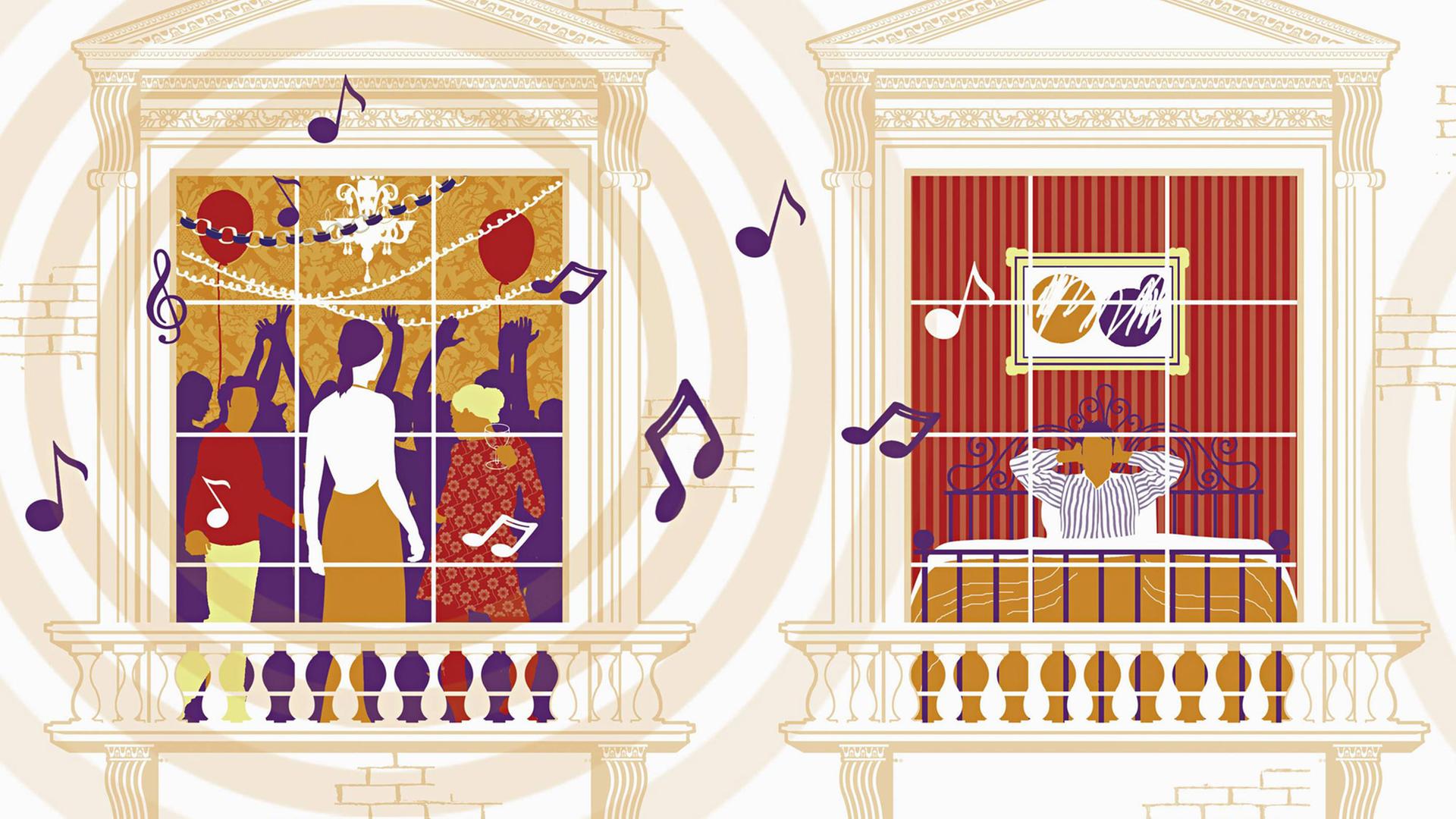 Illustration: Bewohner eines Mehrfamilienhauses machen Lärm Illustration: Bewohner eines Mehrfamilienhauses machen Lärm