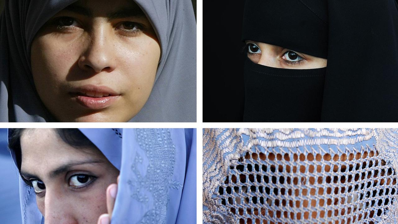 Von oben links nach unten rechts: Hijab, Niqab, Tschador, Burka. Von oben links nach unten rechts: Hijab, Niqab, Tschador, Burka.
