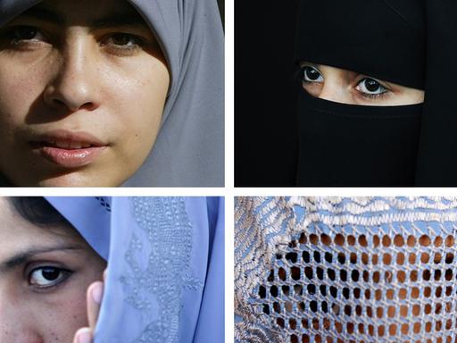 Vier muslimische Frauen in unterschiedlichen Schleiern: dem Hijab, dem Niqab, dem Tschador und der Burka.