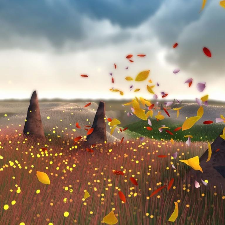 In einer herbstlichen Landschaft wehen Blätter und Blüten vor einem wolkenverhanden Himmel In einer herbstlichen Landschaft wehen Blätter und Blüten vor einem wolkenverhanden Himmel
