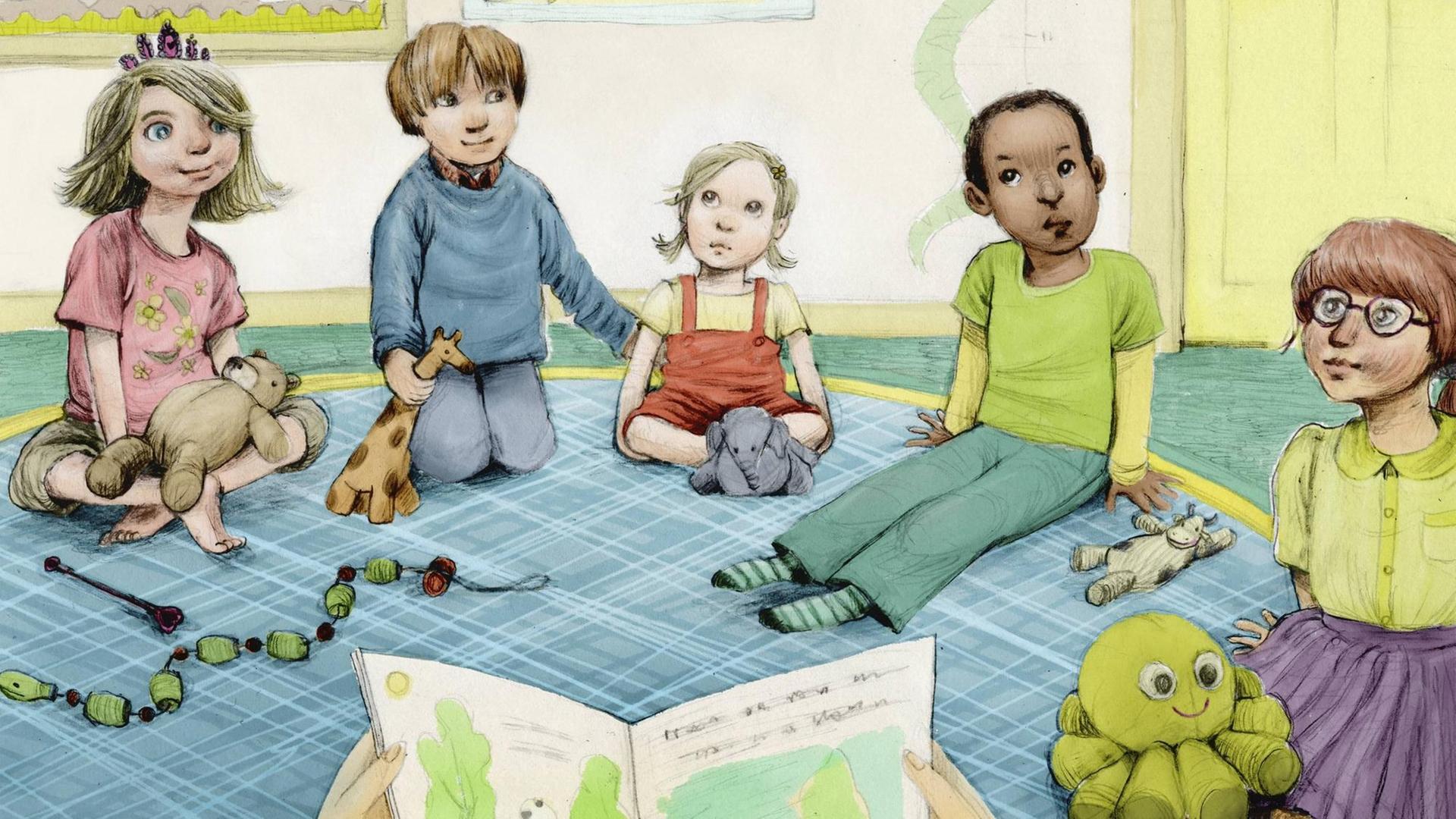 Illstration: Unterschiedliche Kinder sitzen in einer Gruppe und hören einer vorlesenden Person zu. Illstration: Unterschiedliche Kinder sitzen in einer Gruppe und hören einer vorlesenden Person zu.
