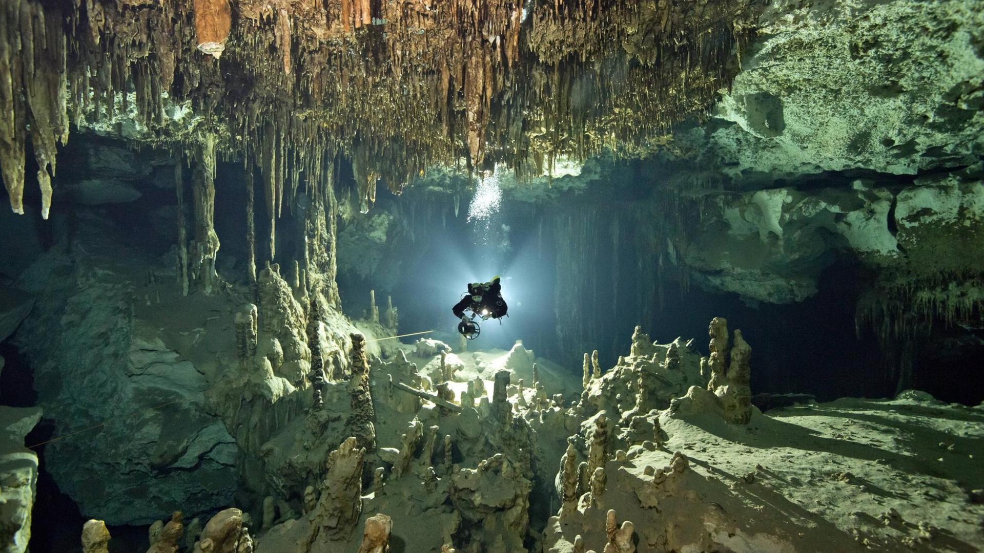Ein Taucher in der Höhle Dos Ojos im mexikanischen Tulum. Ein Taucher in der Höhle Dos Ojos im mexikanischen Tulum.