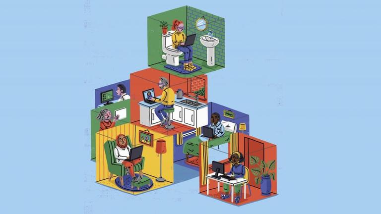 Illustration, die verschiedene Menschen in jeweils einem individuell eingerichteteten Würfel am Laptop zeigt. Illustration, die verschiedene Menschen in jeweils einem individuell eingerichteteten Würfel am Laptop zeigt.