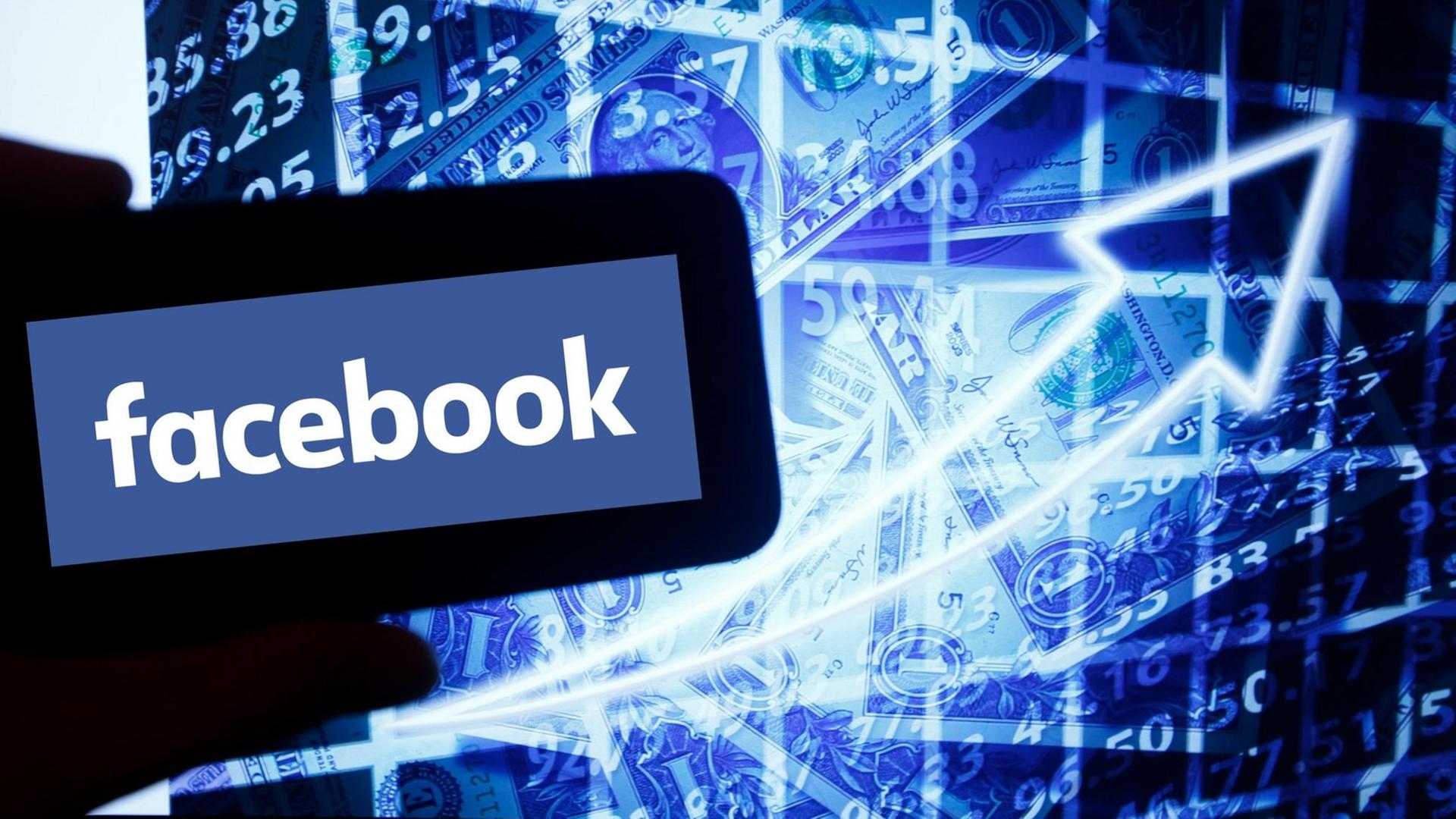 Das Facebook-Logo ist auf einem Smartphone-Bildschirm zu sehen, Im Hintergrund ist eine Collage aus Dollarscheine, Zahlen und einem Pfeil nach obenzu sehen. Das Facebook-Logo ist auf einem Smartphone-Bildschirm zu sehen, Im Hintergrund ist eine Collage aus Dollarscheine, Zahlen und einem Pfeil nach obenzu sehen.
