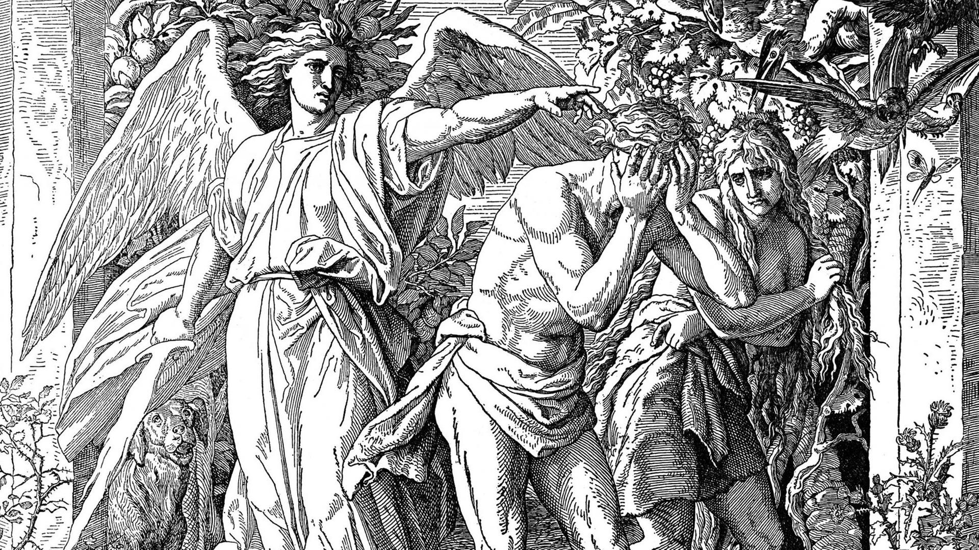 Adam und Eva: Die Vertreibung aus dem Paradies und Cherub mit Flammenschwert. Holzschnitt aus einer katholischen Bibel. Adam und Eva: Die Vertreibung aus dem Paradies und Cherub mit Flammenschwert. Holzschnitt aus einer katholischen Bibel.