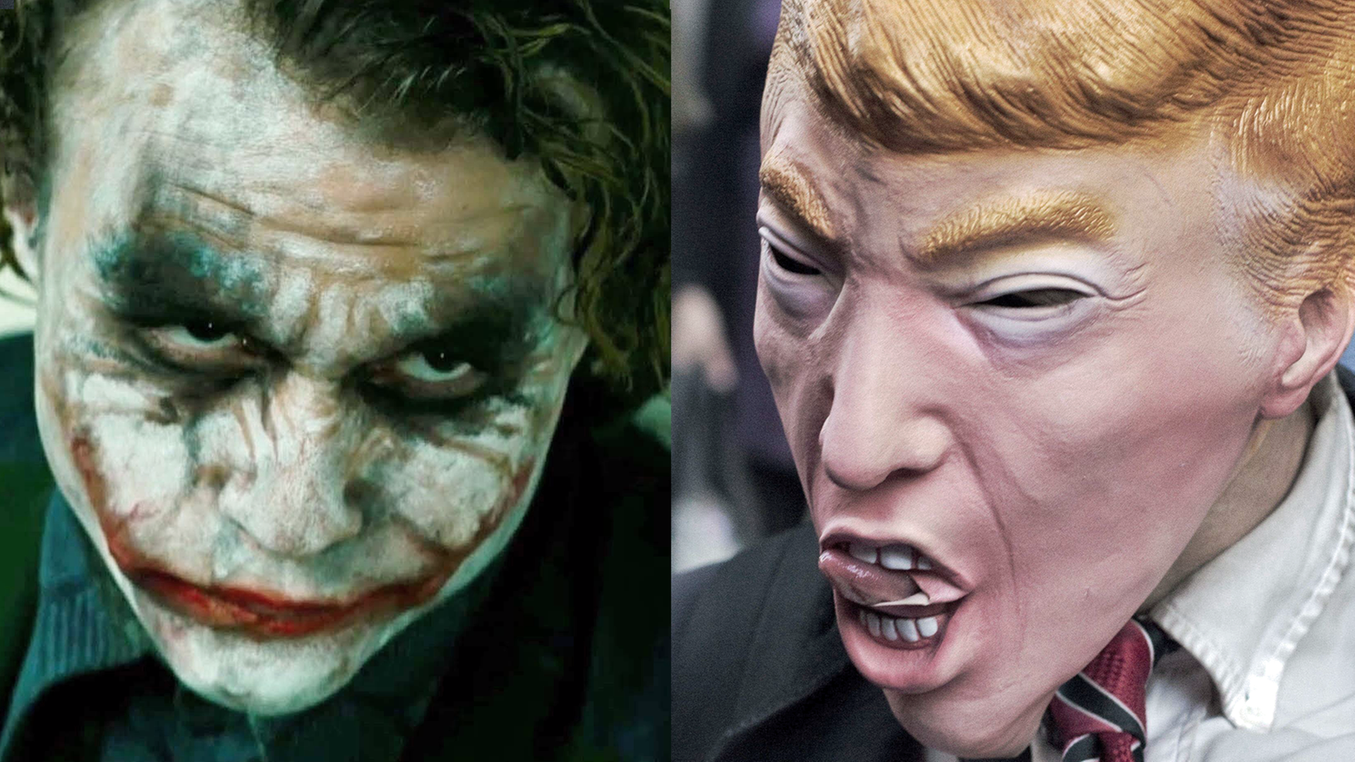 Links: Der inzwischen verstorbene Schauspieler Heath Ledger als Joker in in The Dark Knight. Rechts: Bei einem Protest gegen Donald Trump trägt ein Demonstrant eine Maske.