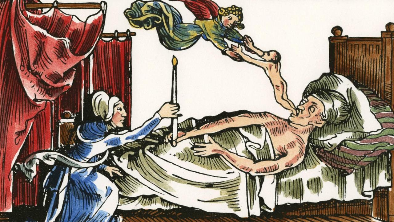 Holzschnitt: Abholung der Seele eines Sterbenden durch einen Engel. Holzschnitt: Abholung der Seele eines Sterbenden durch einen Engel.