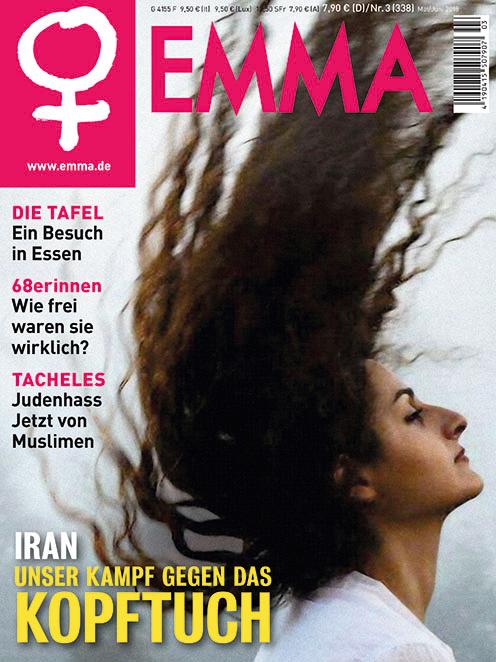 Die Titelseite der Emma zeigt eine junge Frau mit wild nach oben geworfenem Haar