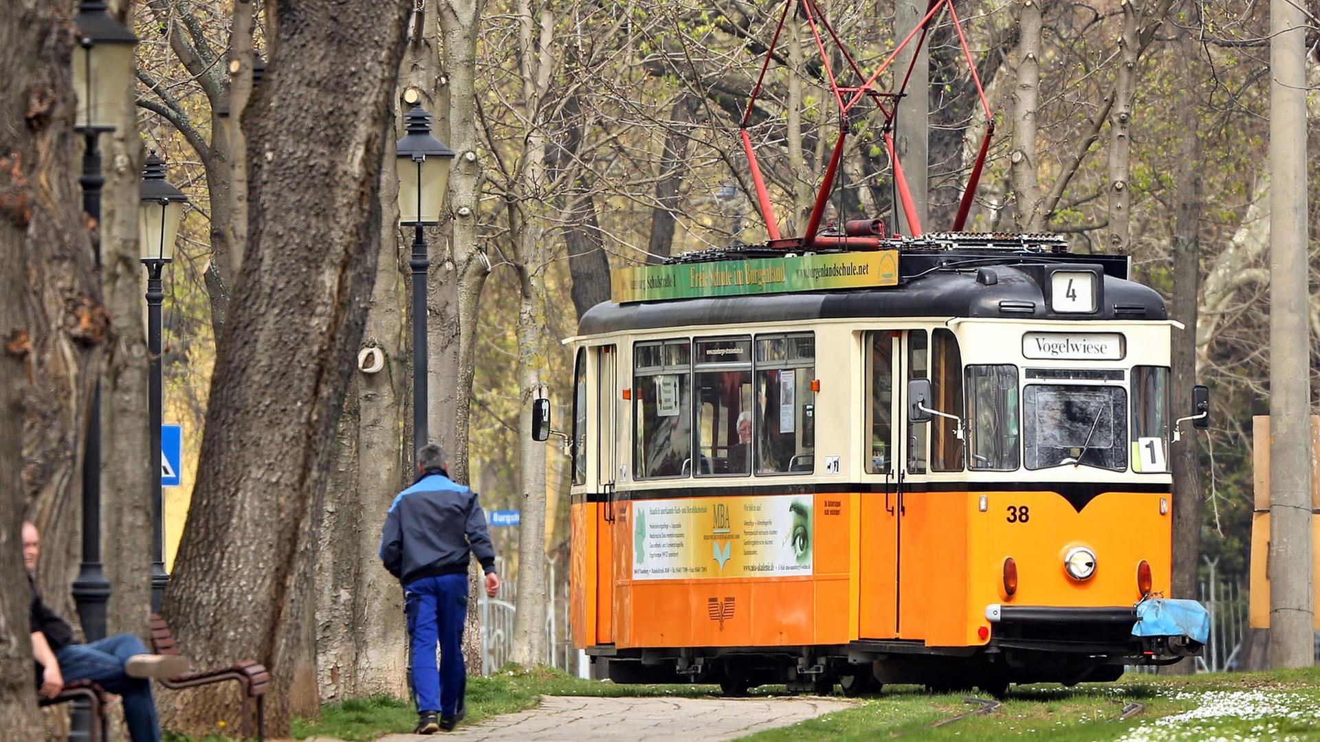 Eine historische Straßenbahn in Orange biegt am Ende einer Allee nach links ab Eine historische Straßenbahn in Orange biegt am Ende einer Allee nach links ab