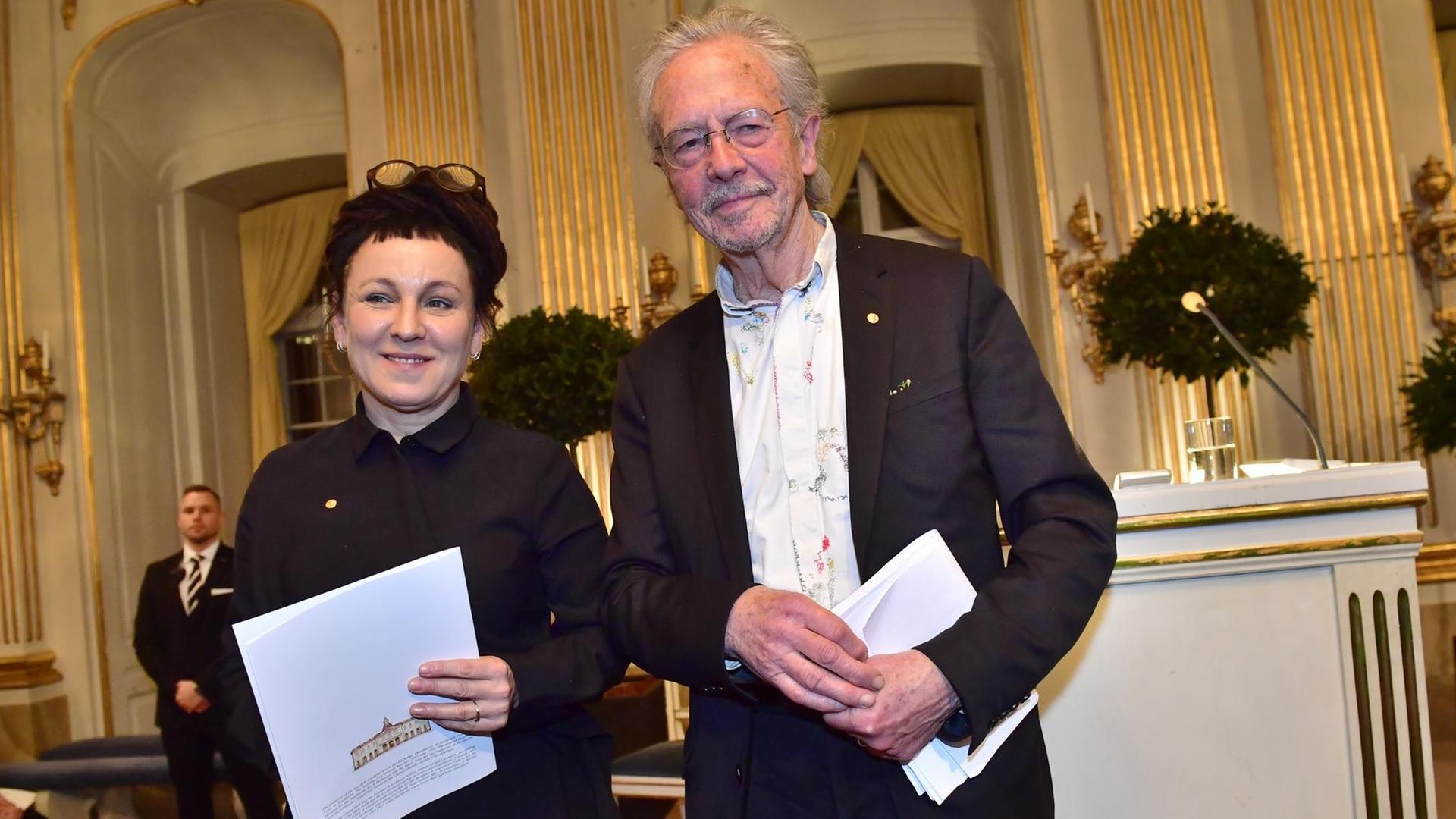 Literature laureates Olga Tokarczuk and Peter Handke after their Nobel Lectures at the Swedish Academy in Stockholm, December 7, 2019. STOCKHOLM Sweden Literature laureates Olga Tokarczuk and Peter Handke after their Nobel Lectures at the Swedish Academy in Stockholm, December 7, 2019. STOCKHOLM Sweden