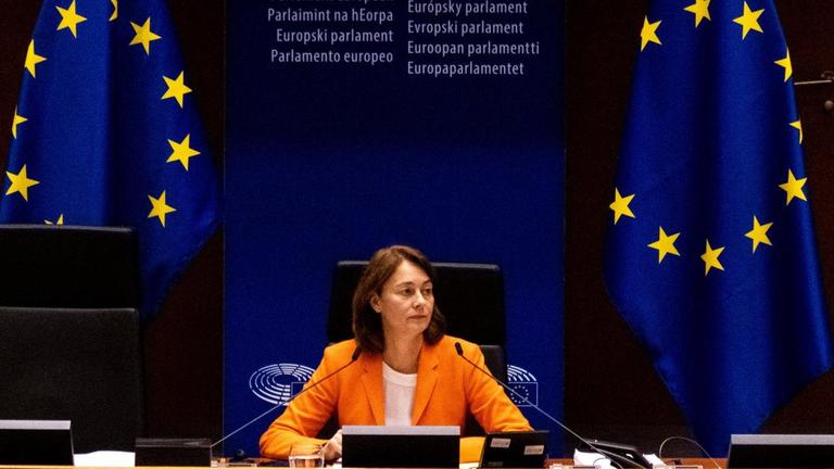 Katarina Barley sitzt während einer Plenarsitzung im EU-Parlament auf ihrem Platz. Katarina Barley sitzt während einer Plenarsitzung im EU-Parlament auf ihrem Platz.