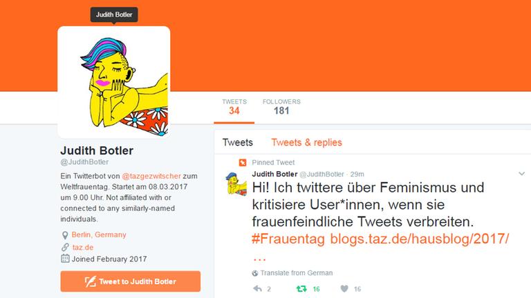 Der Twitter-Account "Judith Botler" von der taz Der Twitter-Account "Judith Botler" von der taz