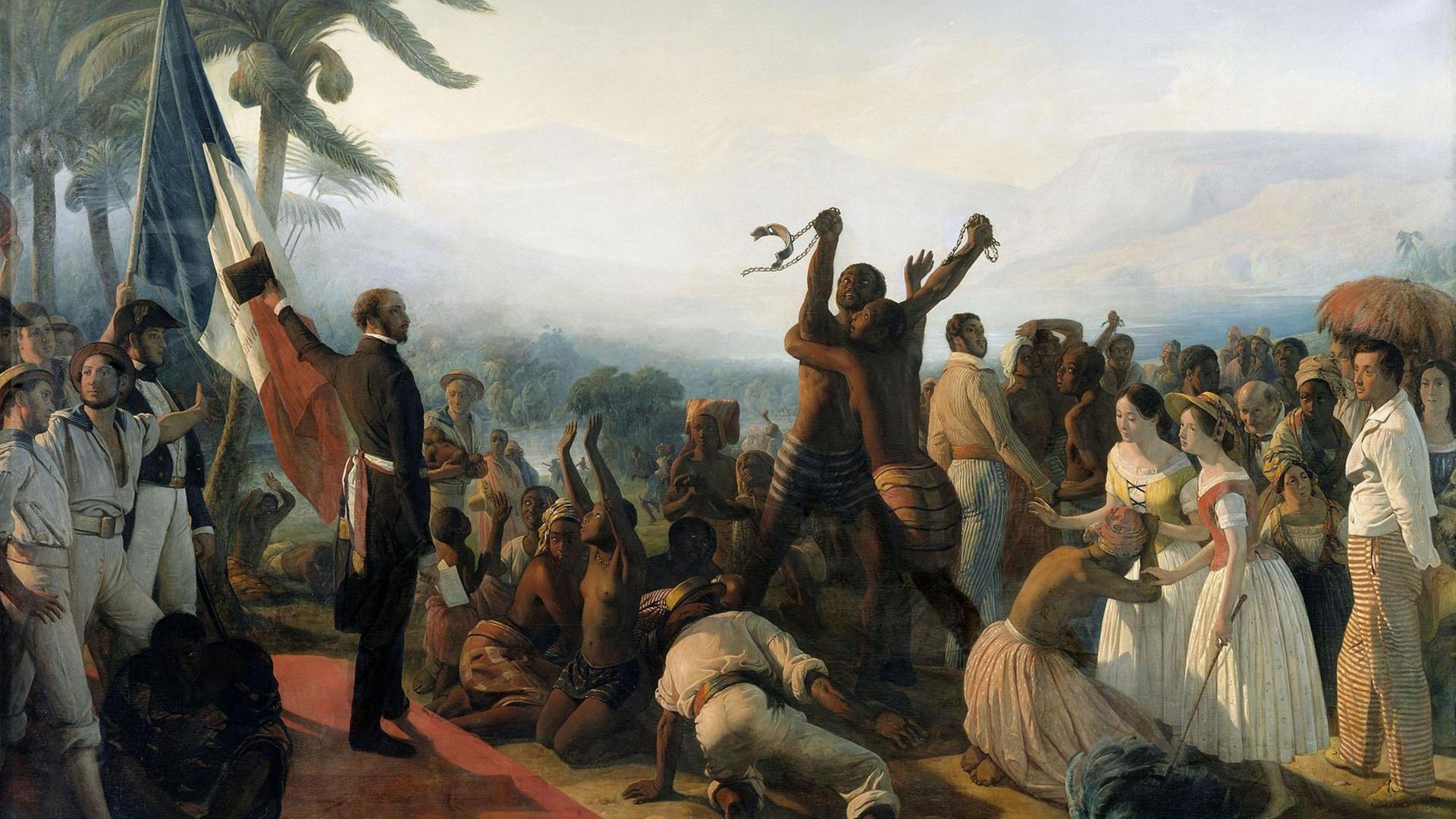 Proklamation der Abschaffung der Sklaverei in den französischen Kolonien in einem Gemälde von François Auguste Biard (1799-1882).