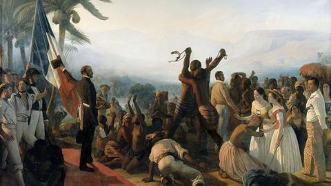 Proklamation der Abschaffung der Sklaverei in den französischen Kolonien in einem Gemälde von François Auguste Biard (1799-1882).