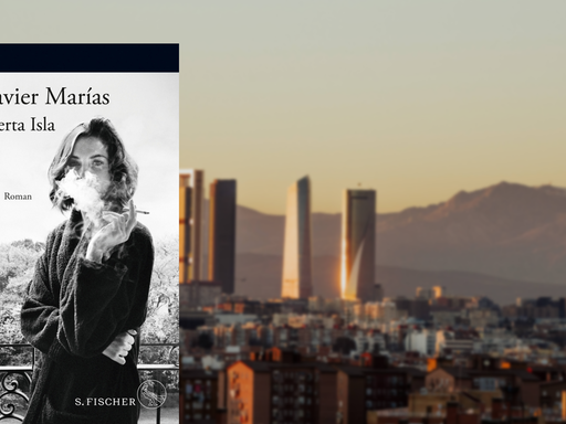 Im Vordergrund ist das Cover des Buches "Berta Isla", im Hintergrund ist die Skyline von Madrid zu sehen.