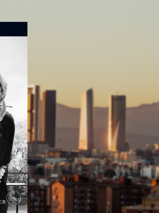Im Vordergrund ist das Cover des Buches "Berta Isla", im Hintergrund ist die Skyline von Madrid zu sehen.