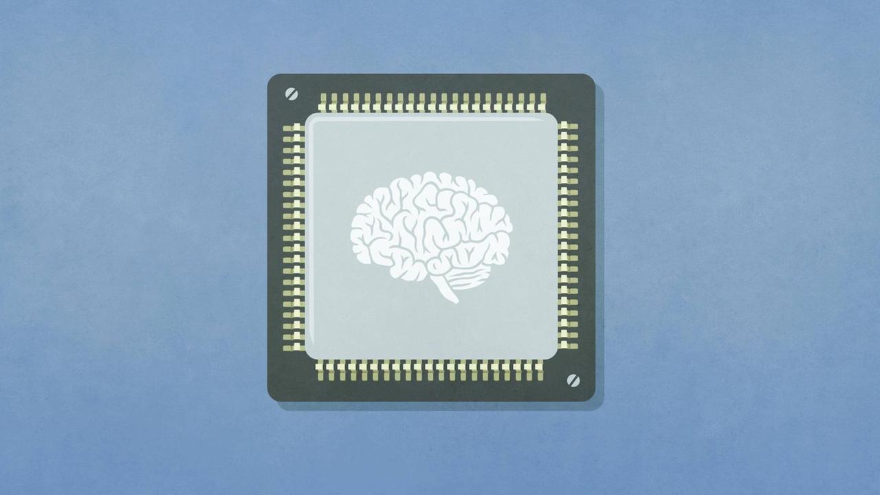 Illustration eines Gehirns auf einem Computerchip vor bläulichem Hintergrund. Illustration eines Gehirns auf einem Computerchip vor bläulichem Hintergrund.