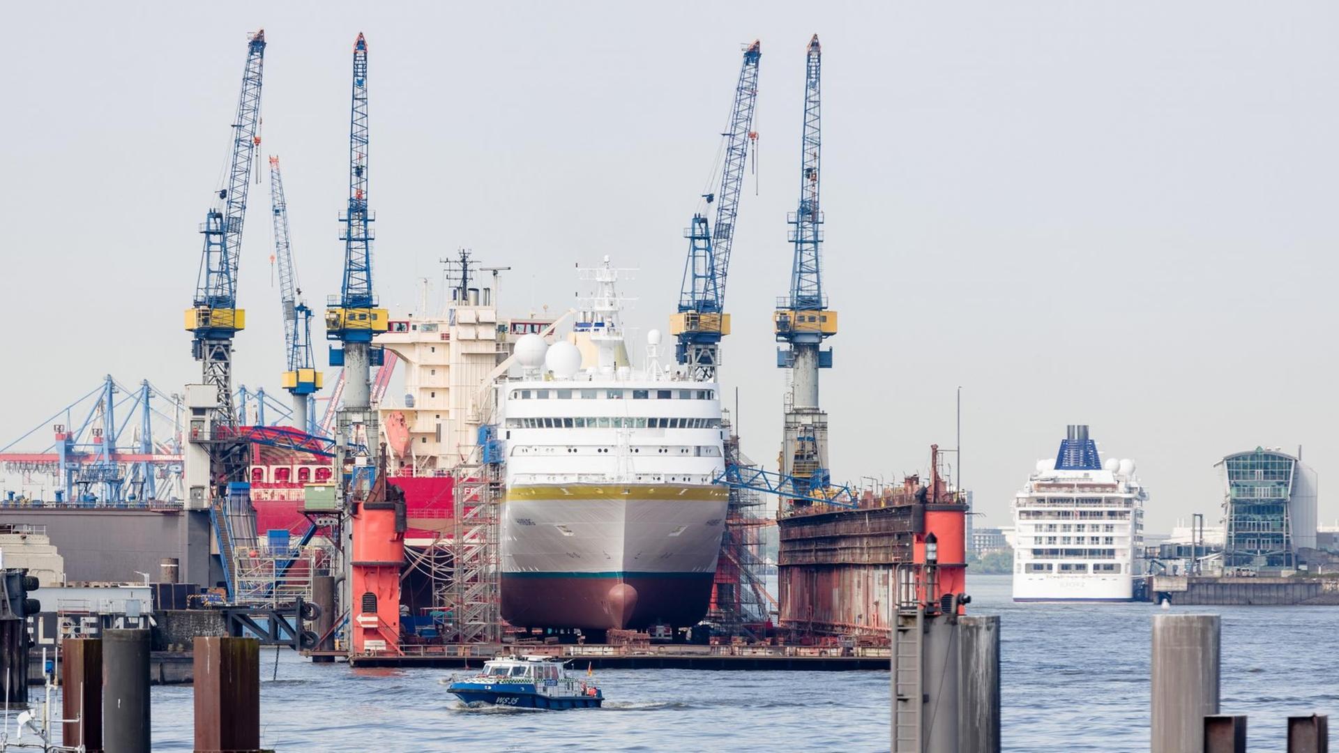 Ein Kreuzfahrtschiff liegt zu Umbau- und Renovierungsarbeiten im Schwimmdock der Werft Blohm+Voss in Hamburg. Ein Kreuzfahrtschiff liegt zu Umbau- und Renovierungsarbeiten im Schwimmdock der Werft Blohm+Voss in Hamburg.