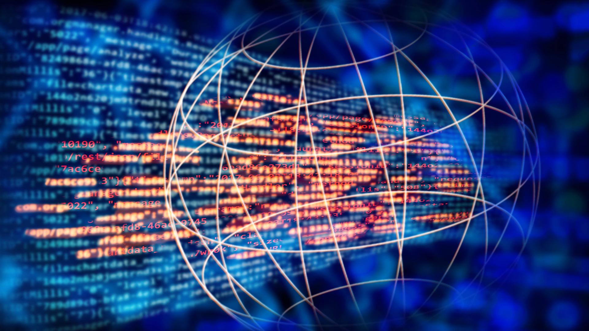 Programmiercode und globales Netzwerk mit Technologie-Hintergrund Programmiercode und globales Netzwerk mit Technologie-Hintergrund