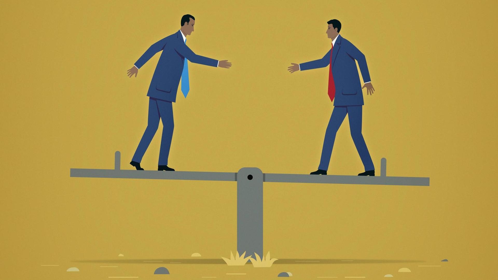 Illustration zweier Geschäftsmänner auf einer Wippe, die versuchen sich die Hände zu schütteln Illustration zweier Geschäftsmänner auf einer Wippe, die versuchen sich die Hände zu schütteln