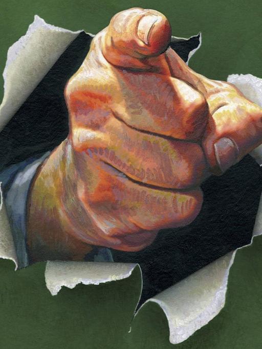 Das Bild zeigt eine Hand mit dem Finger durch eine zerrissene Papierwand.