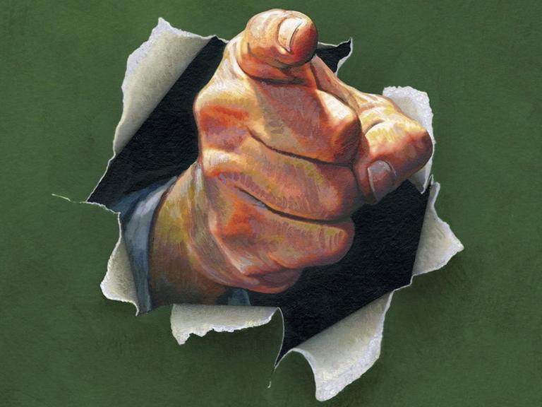 Das Bild zeigt eine Hand mit dem Finger durch eine zerrissene Papierwand.