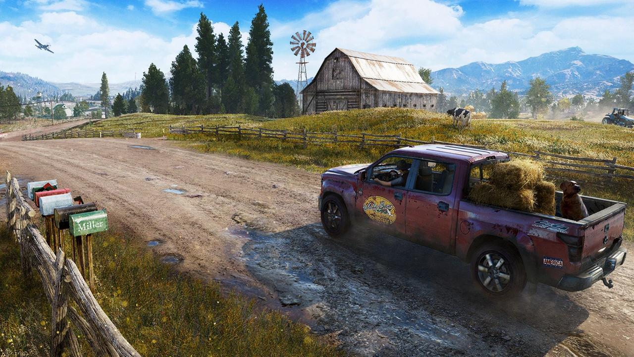 Landschaftszene aus dem Computerspiel "Far Cry 5" mit Auto und einer Farm Landschaftszene aus dem Computerspiel "Far Cry 5" mit Auto und einer Farm
