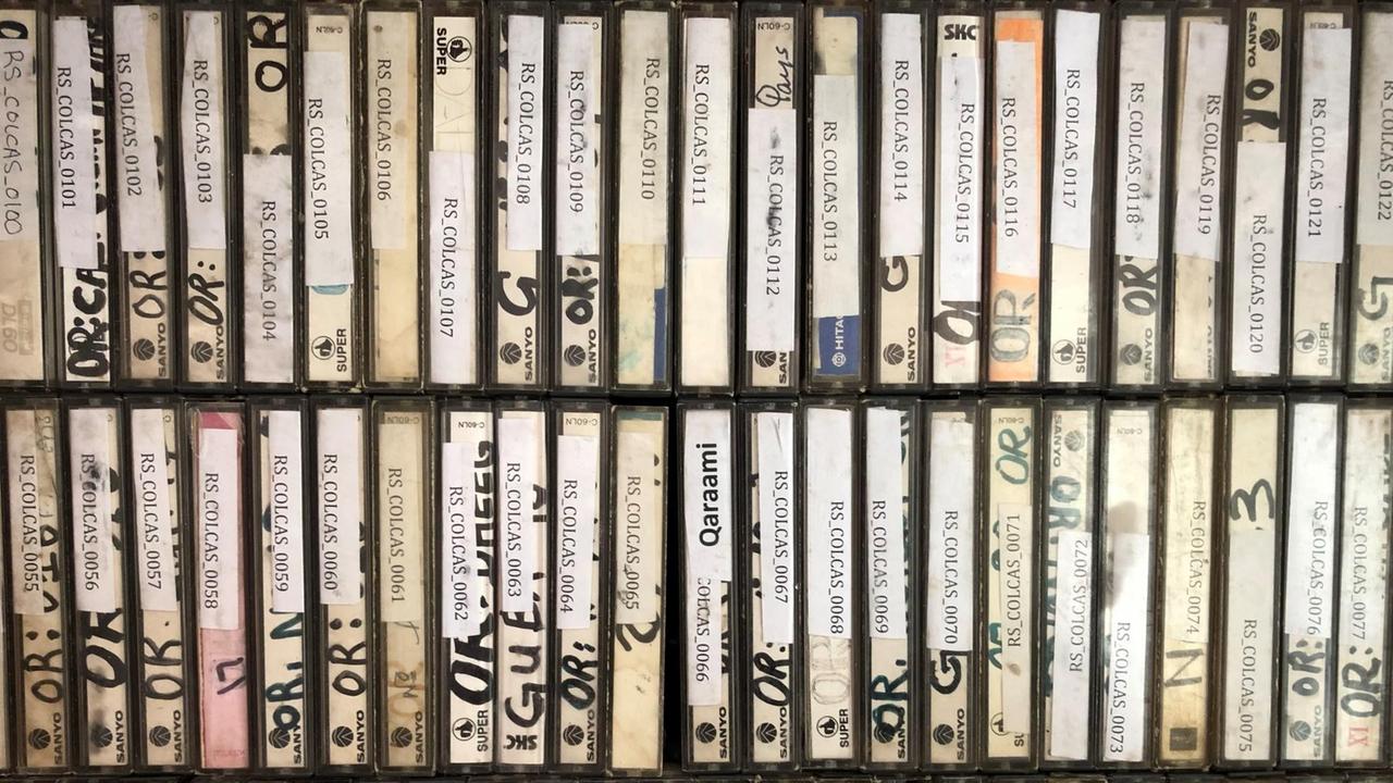 Ein Blick auf etliche, sorgfältig aufgestellte Hüllen der Kassetten, die alle beschriftet sind. Ein Blick auf etliche, sorgfältig aufgestellte Hüllen der Kassetten, die alle beschriftet sind.