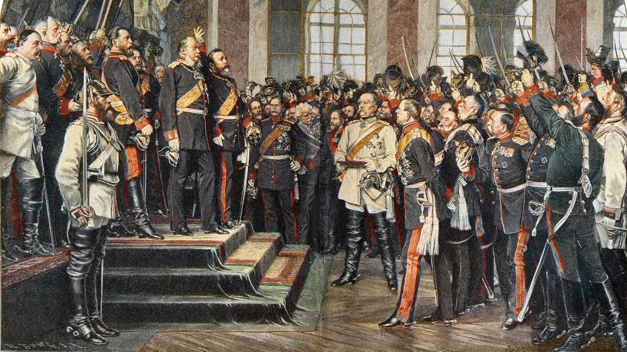 Wilhelm I wird im Beisein von Otto von Bismarck im Spiegelsaal zum Kaiser ausgerufen (Stich nach dem Gemälde von Anton von Werner) 