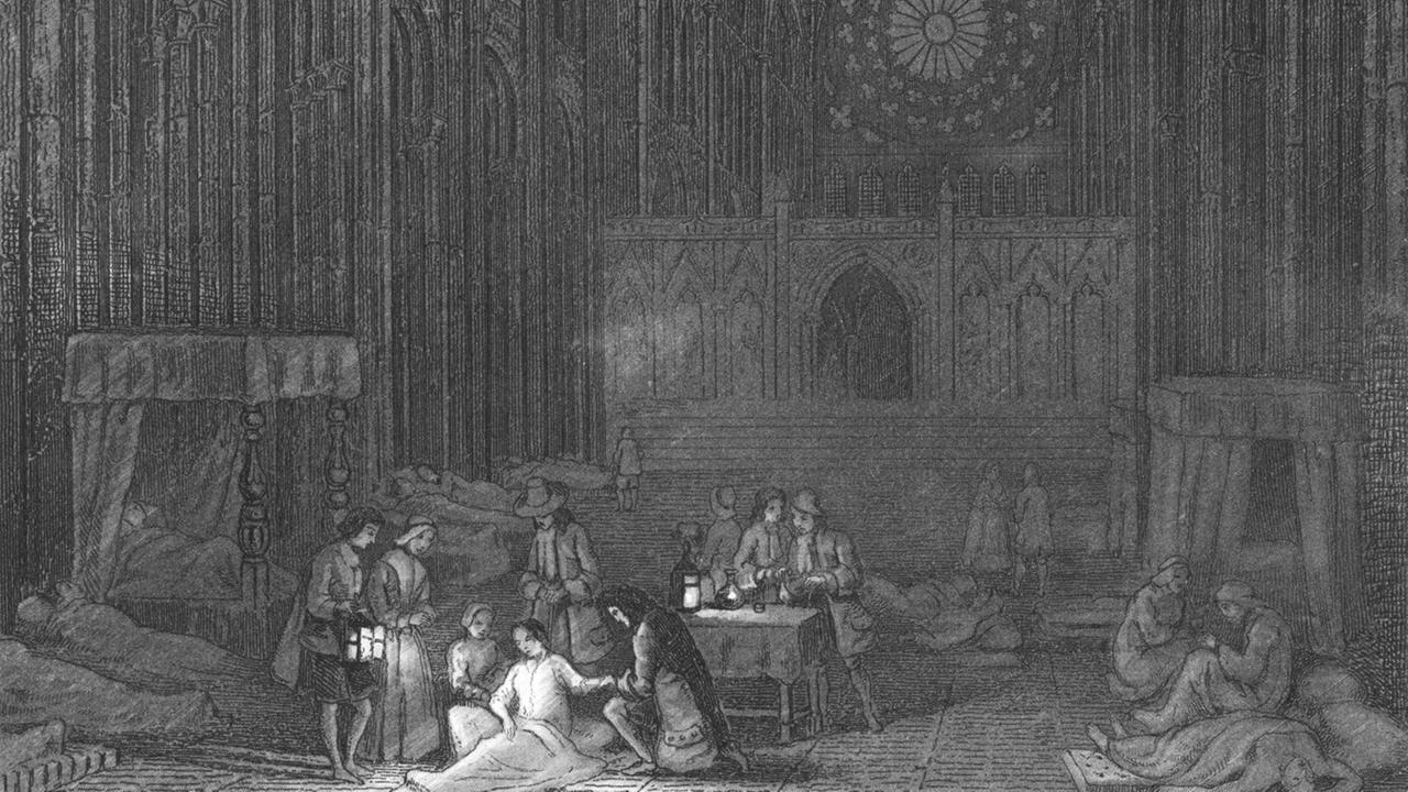 Illustration der Krankenlager in der St. Paul's Cathedral in London von John Franklin. Illustration der Krankenlager in der St. Paul's Cathedral in London von John Franklin.