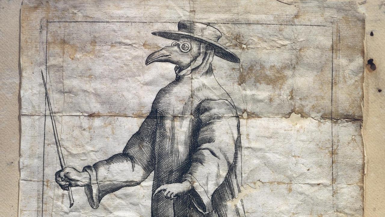 Historische Zeichnung eines Pestarztes aus dem 17. Jahrhundert.
