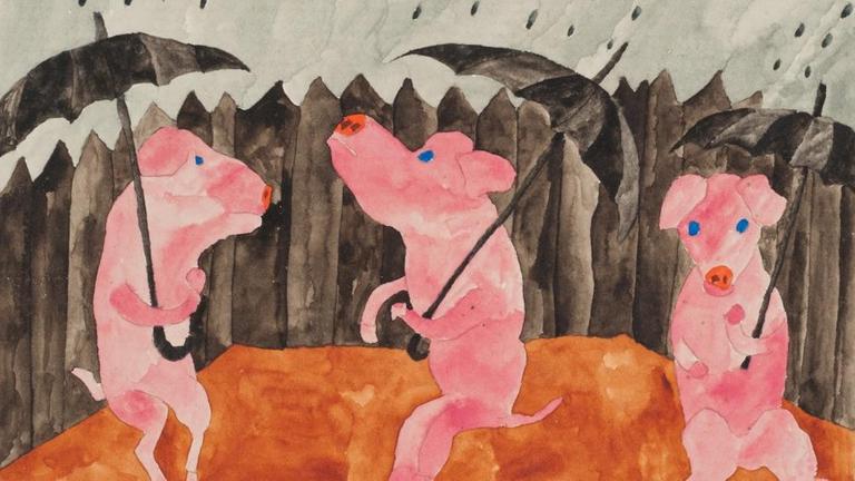 Drei aufrecht stehende Schweine mit Regenschirmen im Regen. Drei aufrecht stehende Schweine mit Regenschirmen im Regen.