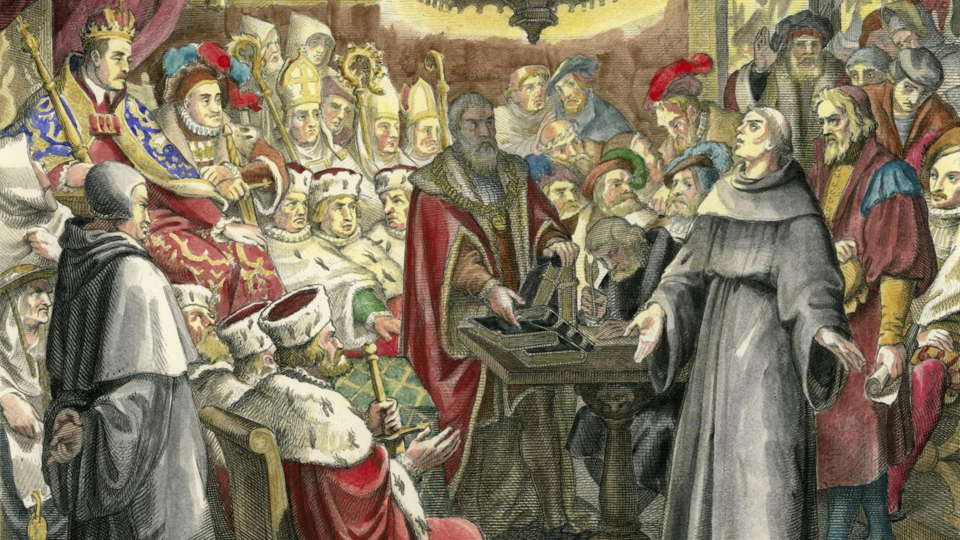 "Luther vor Kaiser und Reich" - Gustav Königs Radierung von 1847 zeigt Martin Luther auf dem Reichstag zu Worms 1521 "Luther vor Kaiser und Reich" - Gustav Königs Radierung von 1847 zeigt Martin Luther auf dem Reichstag zu Worms 1521