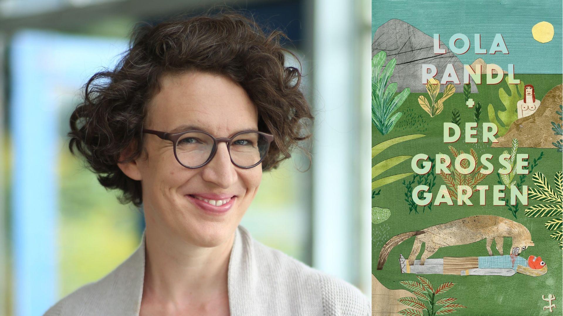 Zu sehen ist die Autorin Lola Randl und das Cover ihres Romans "Der große Garten".