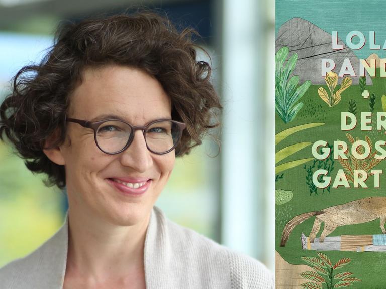 Zu sehen ist die Autorin Lola Randl und das Cover ihres Romans "Der große Garten".