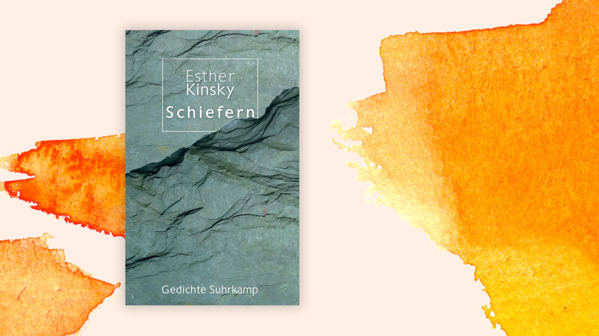 Zu sehen ist das Cover des Buchs "Schiefern" von Esther Kinsky vor einem grafischen Hintergrund. Zu sehen ist das Cover des Buchs "Schiefern" von Esther Kinsky vor einem grafischen Hintergrund.