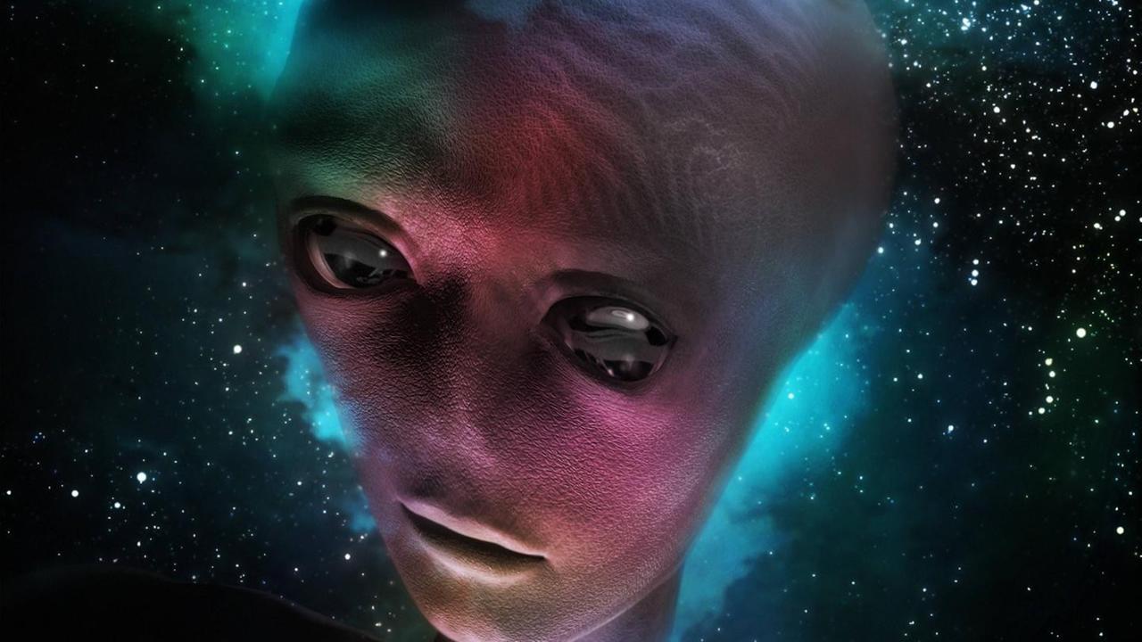Eine Computer-Illustration zeigt den Kopf eines Aliens im Weltraum. Eine Computer-Illustration zeigt den Kopf eines Aliens im Weltraum.