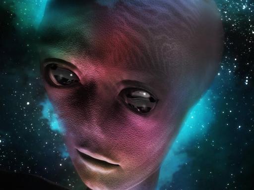 Eine Computer-Illustration zeigt den Kopf eines Aliens im Weltraum.